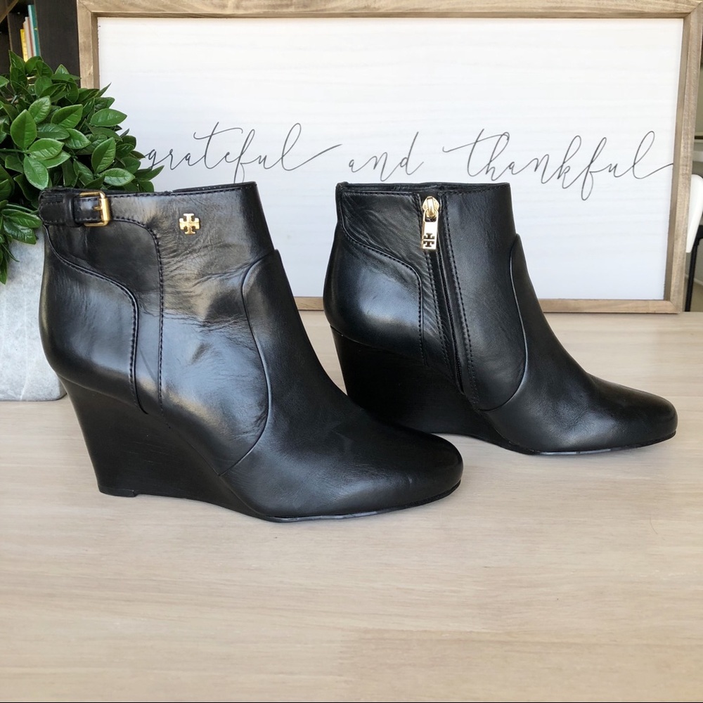 TORY BURCH Black Leather MILAN Wedge Ankle Boots
